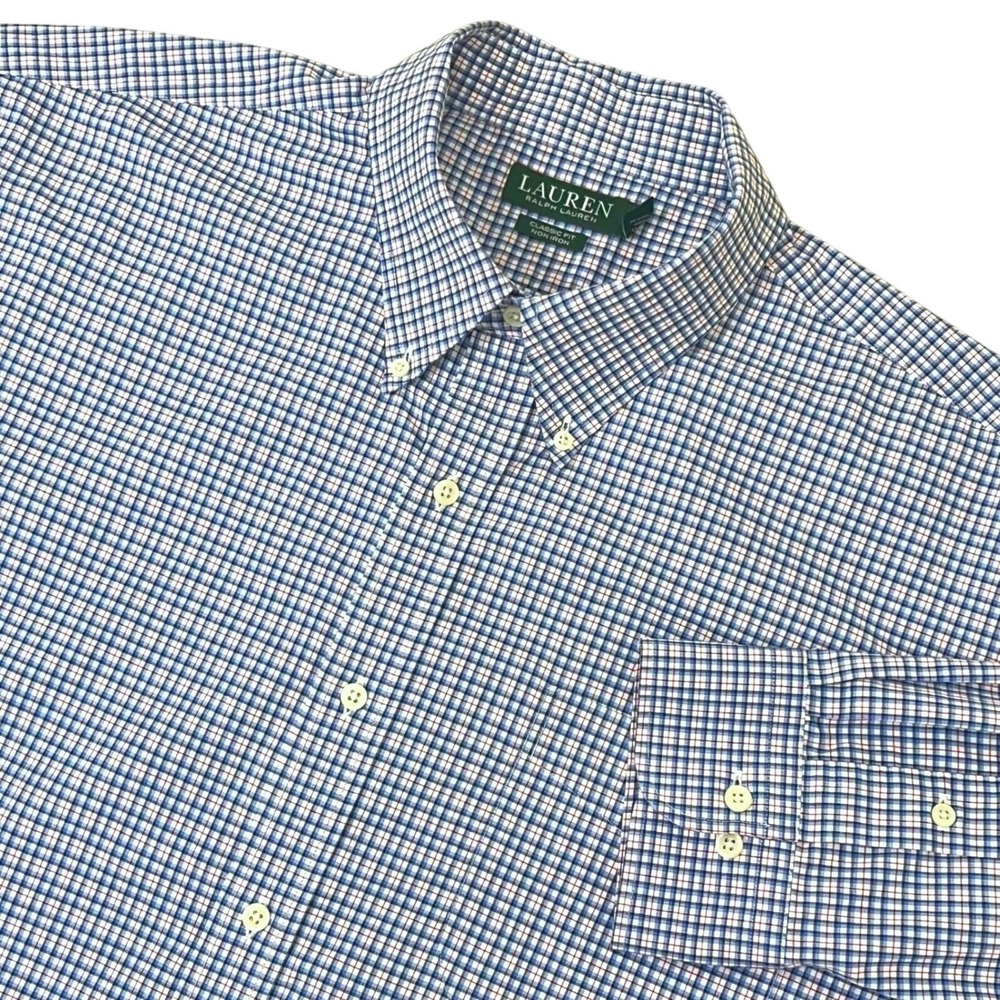 Lauren Ralph Lauren Mens Dress Shirt 18 34/35 Blue Check Classic Fit Non Iron